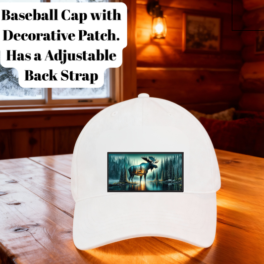 Rustic Moose Cabin Baseball Cap Collection – Adjustable Wool Blend Hat with Wilderness Patch (Round, Oval & Rectangle Designs