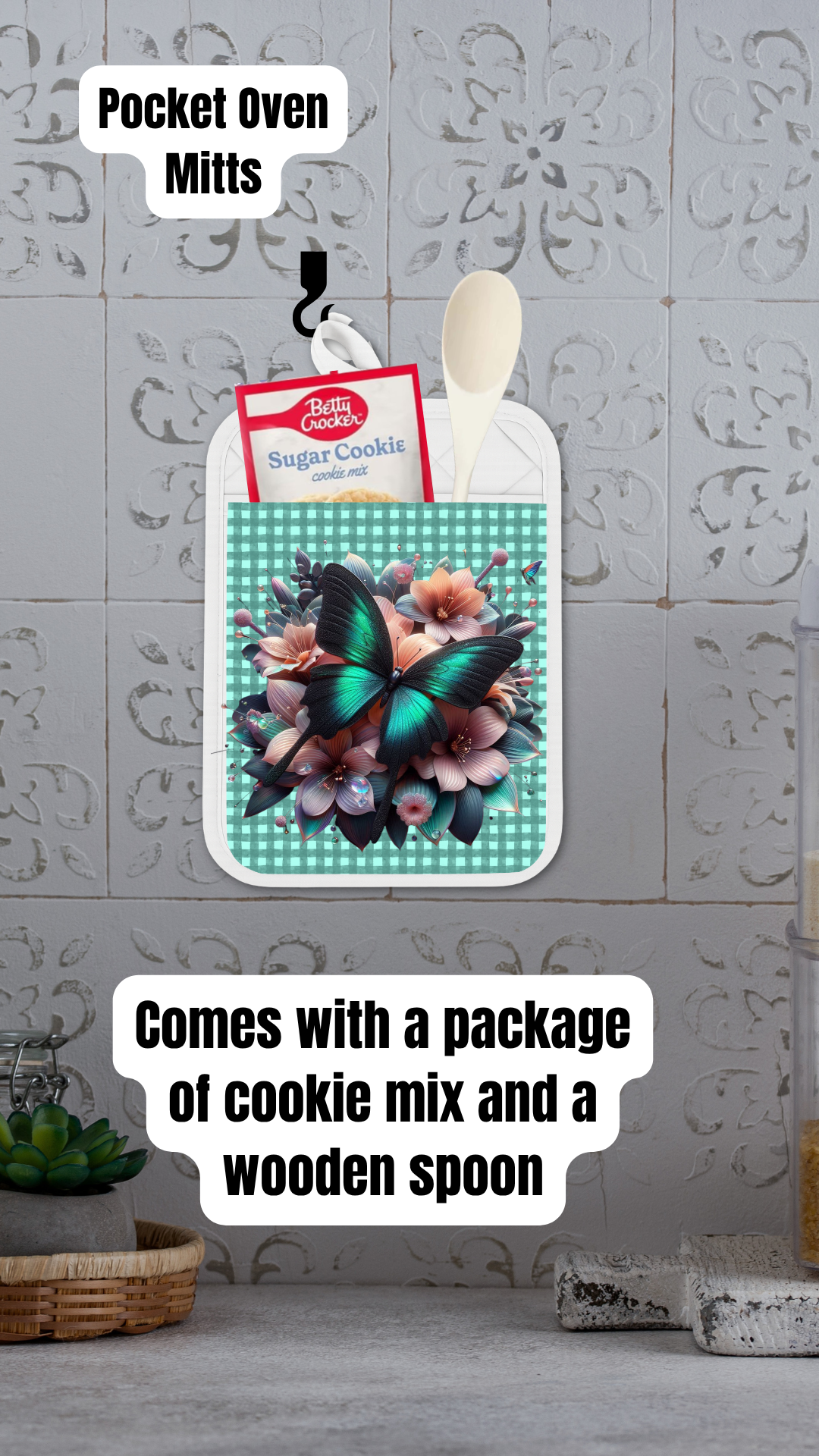 Teal Butterfly Floral Kitchen Gift Set – Charcuterie Board & Pocket Oven Mitt Set