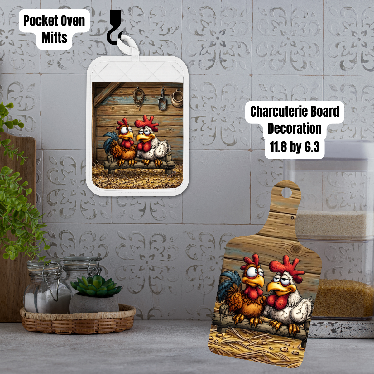 Farmhouse Rooster & Hen Kitchen Gift Set – Pocket Oven Mitt with Cookie Mix + Decorative Charcuterie Board