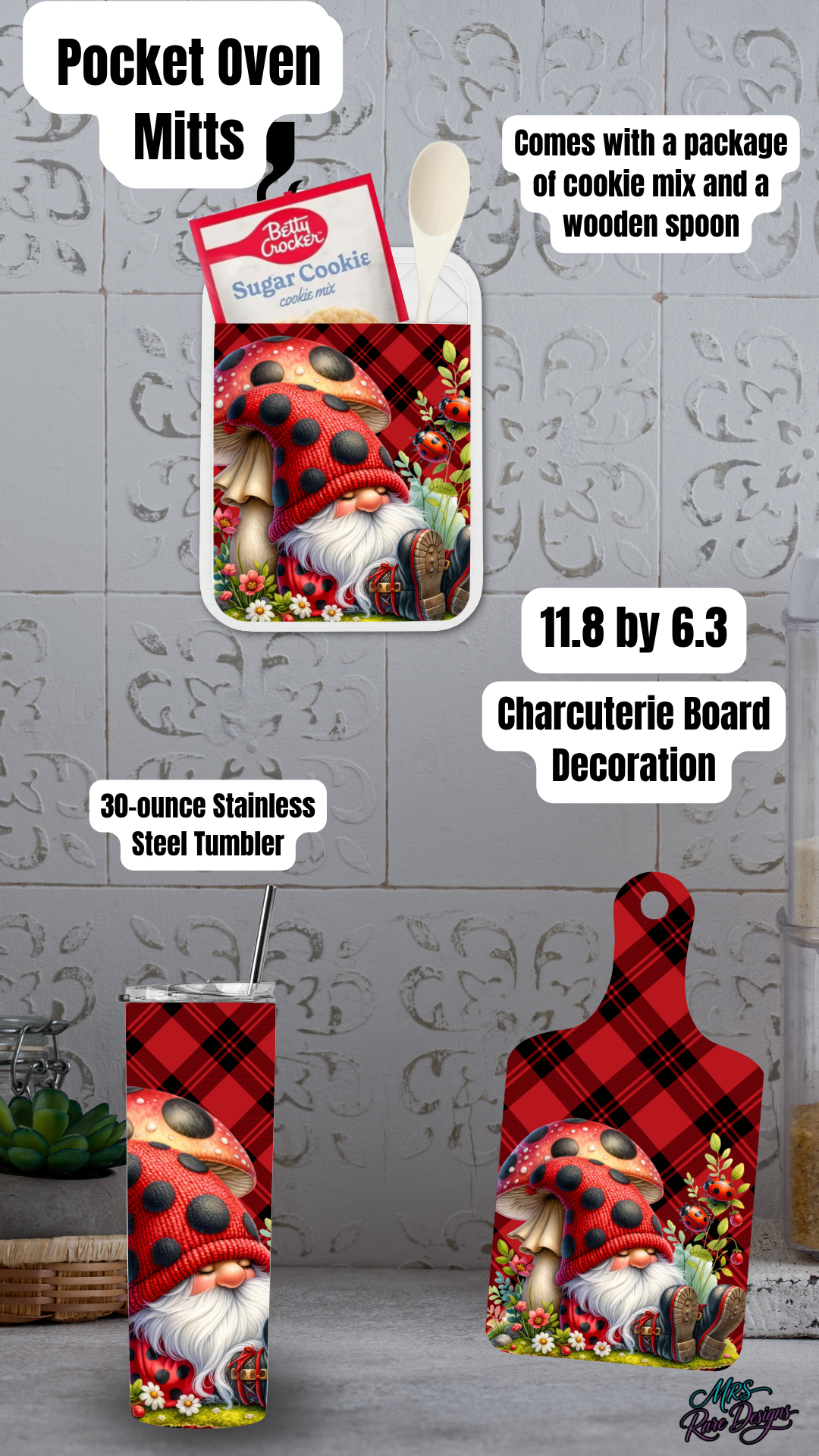 Ladybug Gnome Kitchen Gift Set – Pocket Oven Mitt, Charcuterie Board & Optional Stainless Steel Tumbler (20oz / 30oz / 40oz)