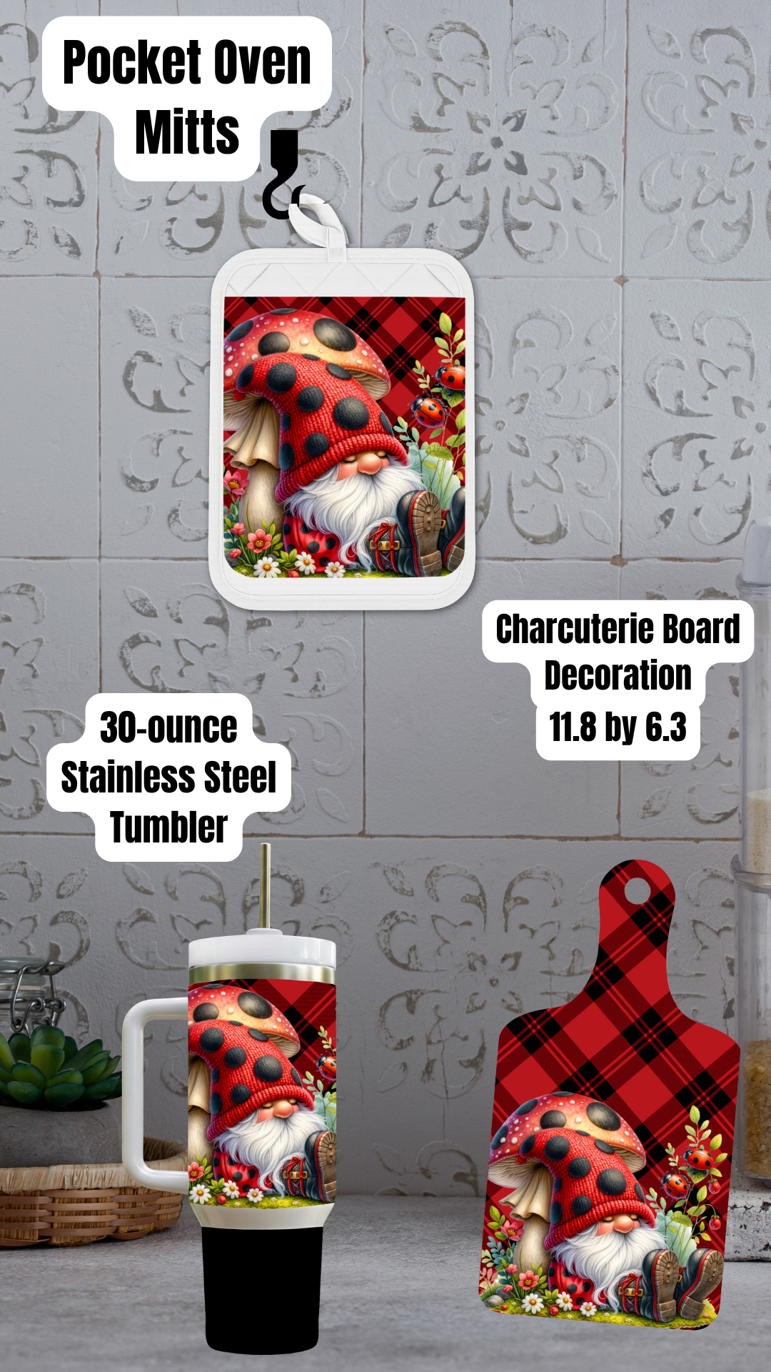 Ladybug Gnome Kitchen Gift Set – Pocket Oven Mitt, Charcuterie Board & Optional Stainless Steel Tumbler (20oz / 30oz / 40oz)