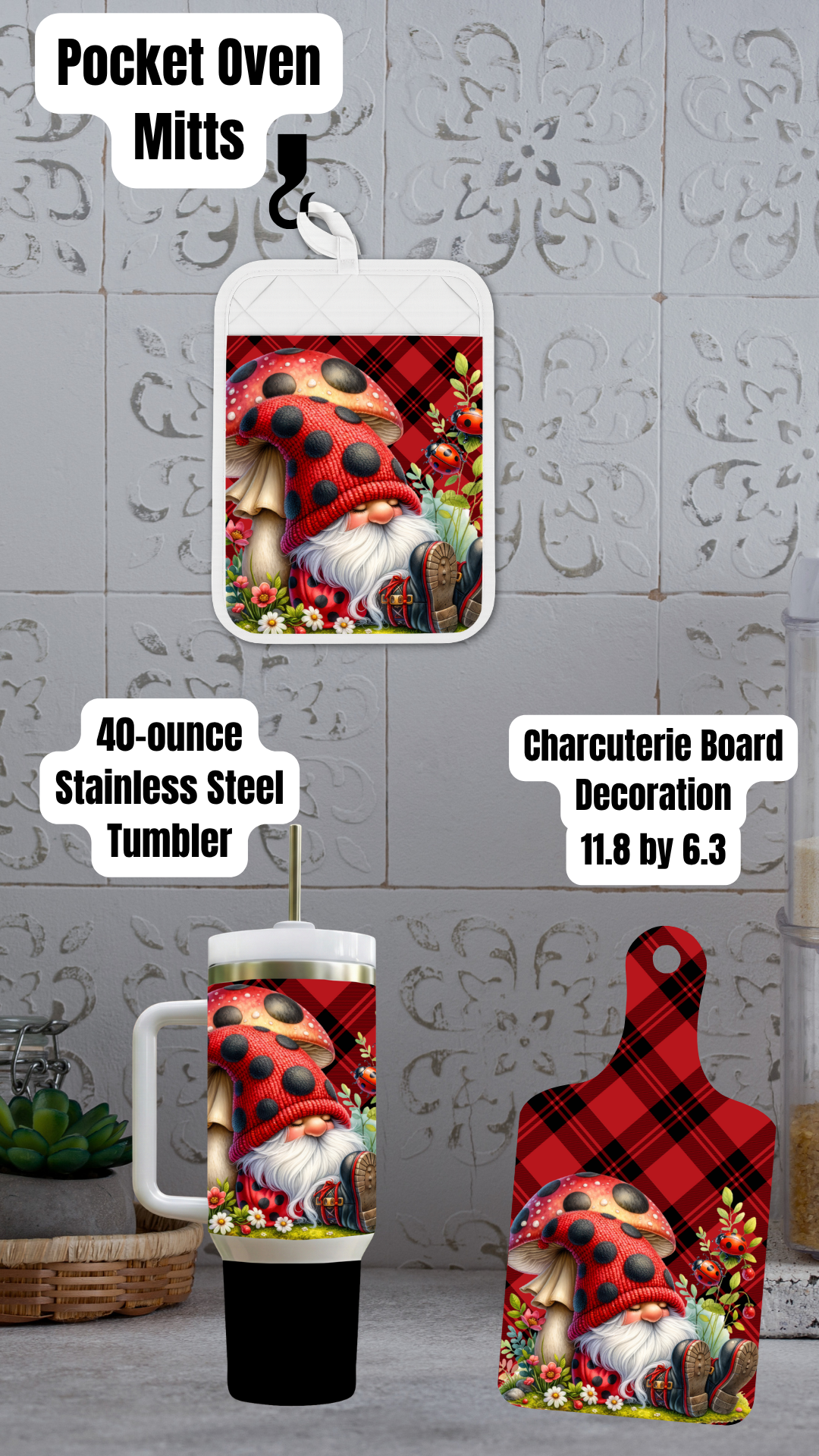 Ladybug Gnome Kitchen Gift Set – Pocket Oven Mitt, Charcuterie Board & Optional Stainless Steel Tumbler (20oz / 30oz / 40oz)