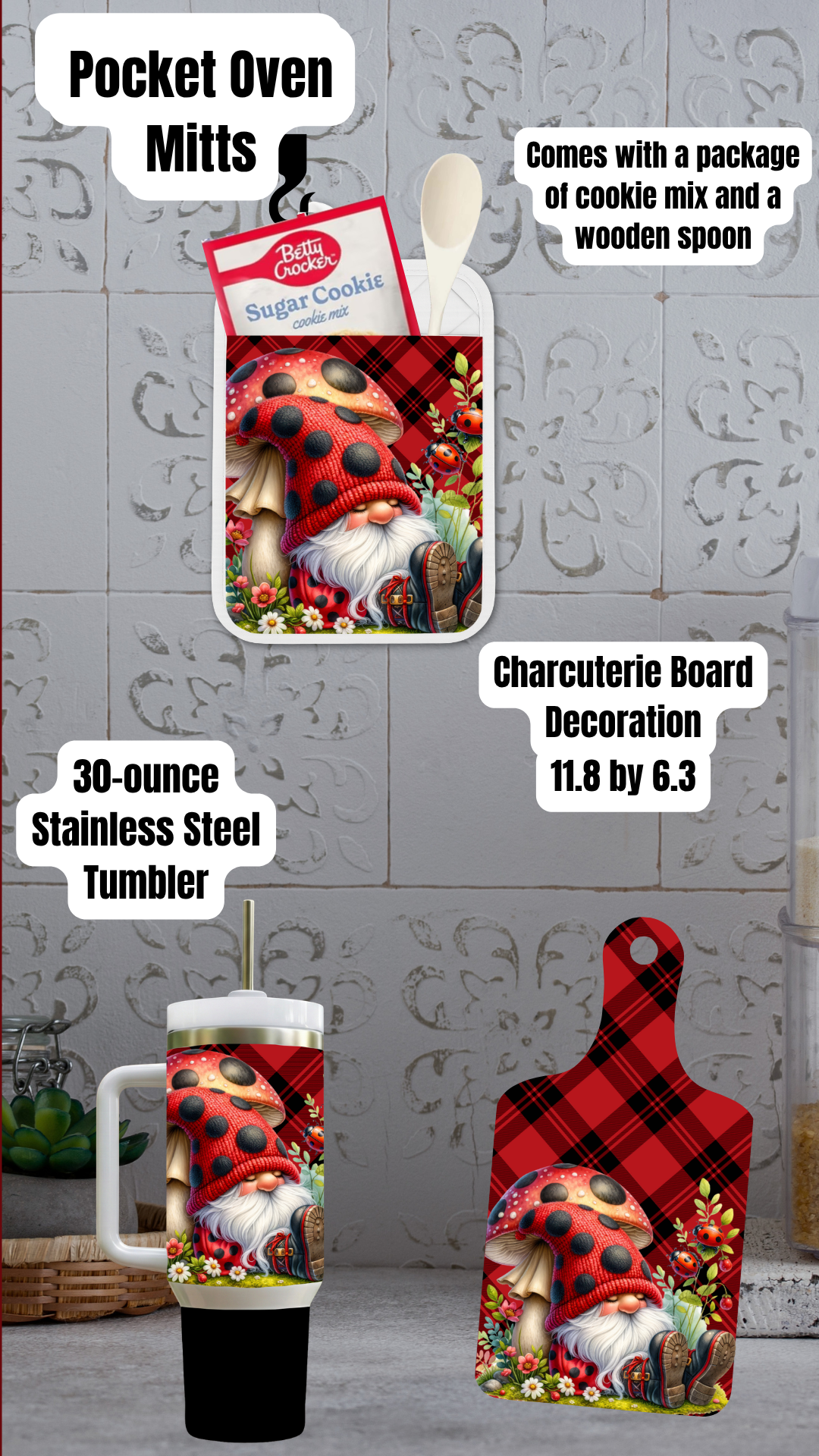 Ladybug Gnome Kitchen Gift Set – Pocket Oven Mitt, Charcuterie Board & Optional Stainless Steel Tumbler (20oz / 30oz / 40oz)