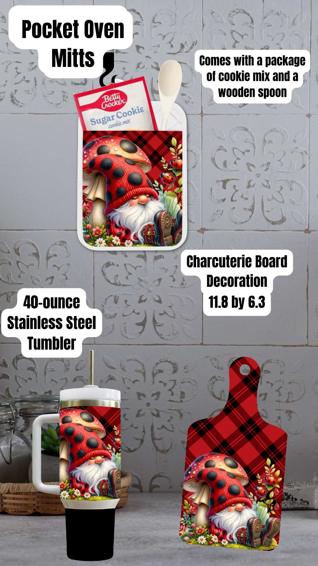 Ladybug Gnome Kitchen Gift Set – Pocket Oven Mitt, Charcuterie Board & Optional Stainless Steel Tumbler (20oz / 30oz / 40oz)