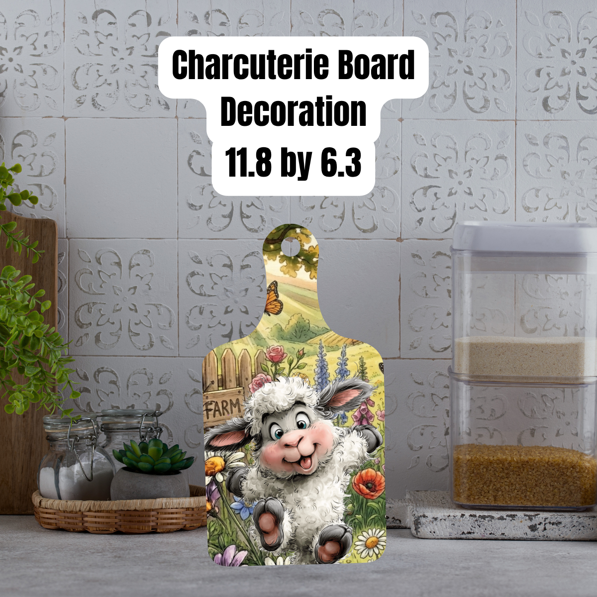 Spring Lamb Farmhouse Kitchen Gift Set – Pocket Oven Mitt with Cookie Mix + Decorative Charcuterie Board