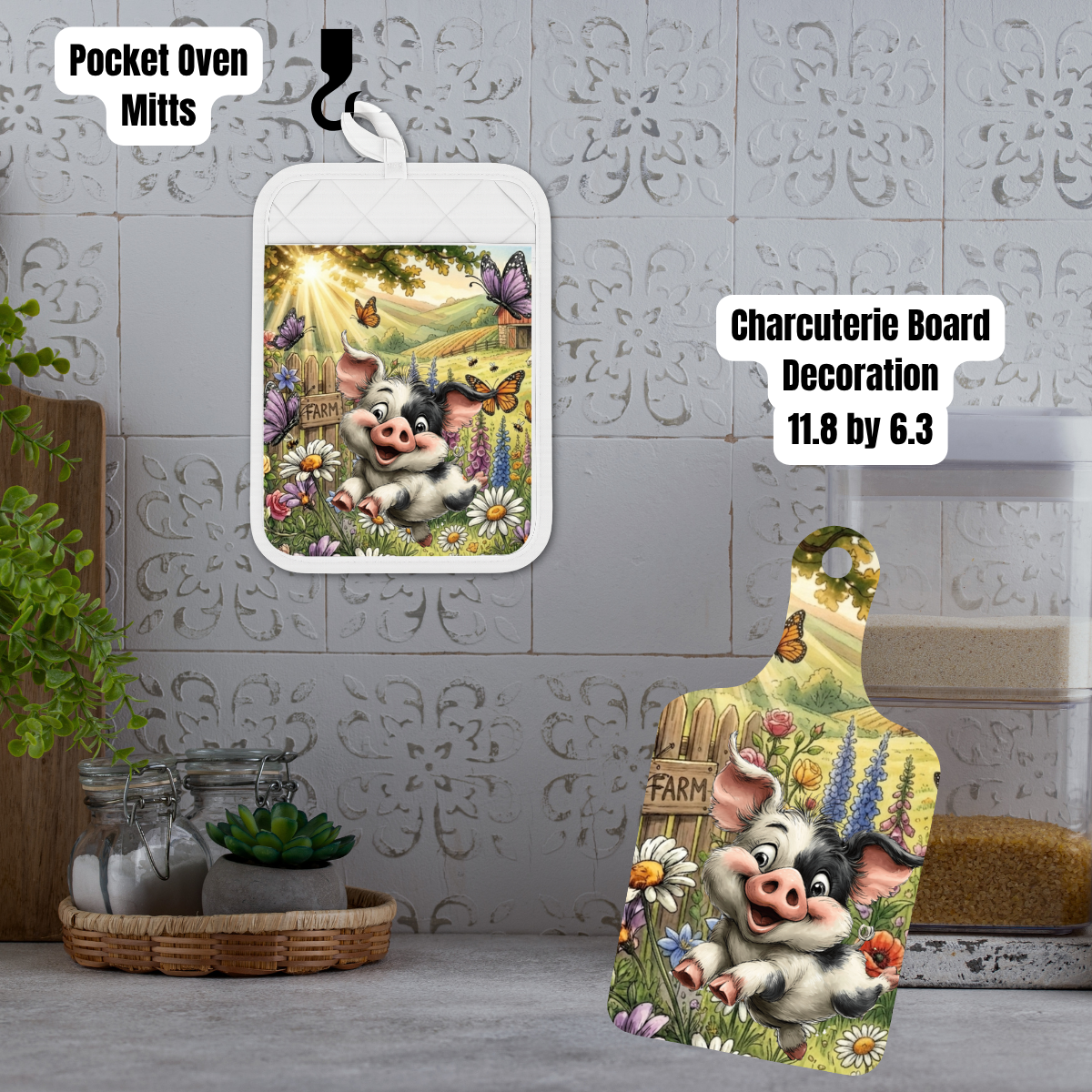 Happy Farm Piglet Kitchen Gift Set – Pocket Oven Mitt with Cookie Mix + Decorative Charcuterie Board