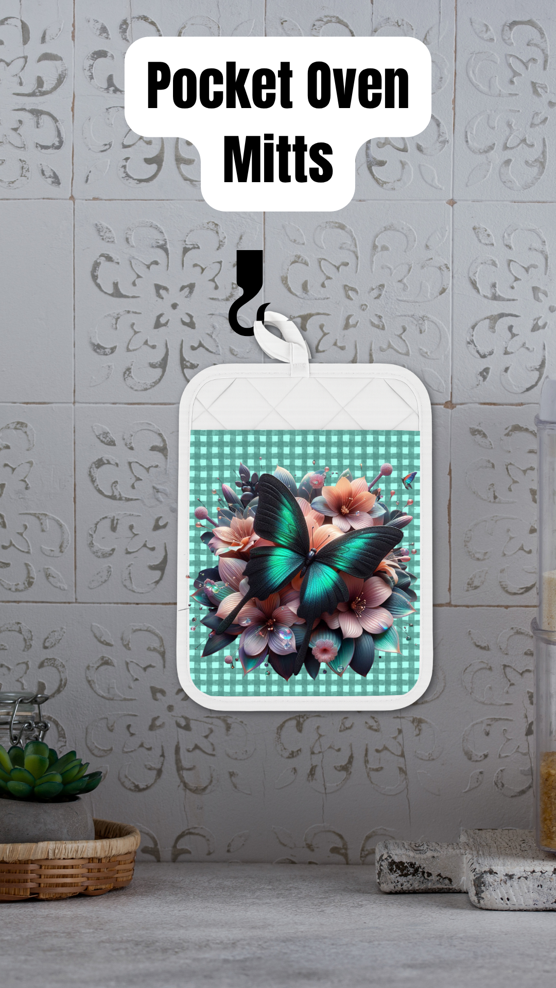 Teal Butterfly Floral Kitchen Gift Set – Charcuterie Board & Pocket Oven Mitt Set