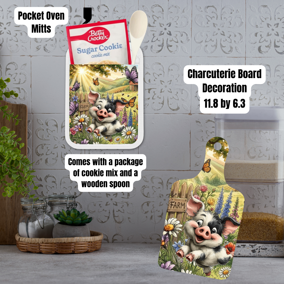 Happy Farm Piglet Kitchen Gift Set – Pocket Oven Mitt with Cookie Mix + Decorative Charcuterie Board