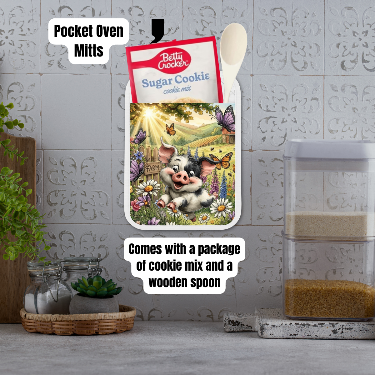 Happy Farm Piglet Kitchen Gift Set – Pocket Oven Mitt with Cookie Mix + Decorative Charcuterie Board