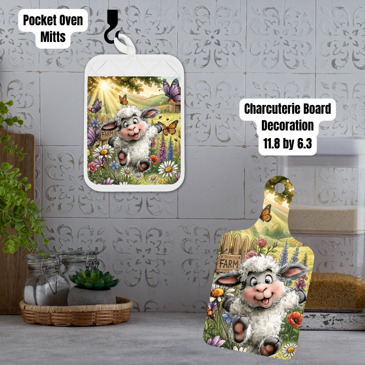 Spring Lamb Farmhouse Kitchen Gift Set – Pocket Oven Mitt with Cookie Mix + Decorative Charcuterie Board
