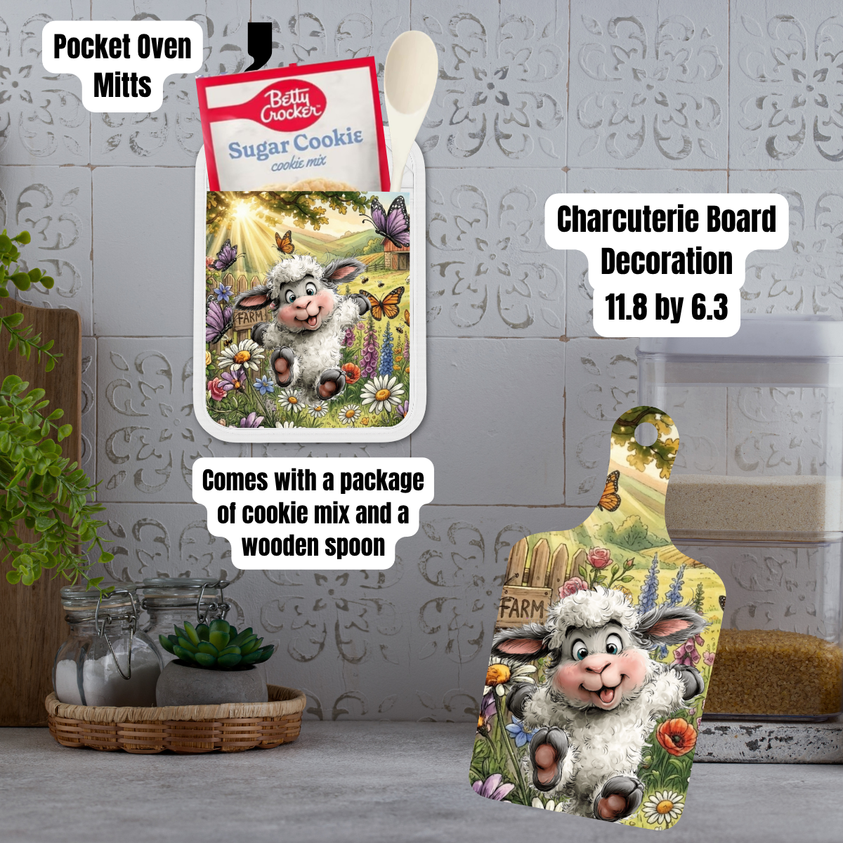Spring Lamb Farmhouse Kitchen Gift Set – Pocket Oven Mitt with Cookie Mix + Decorative Charcuterie Board