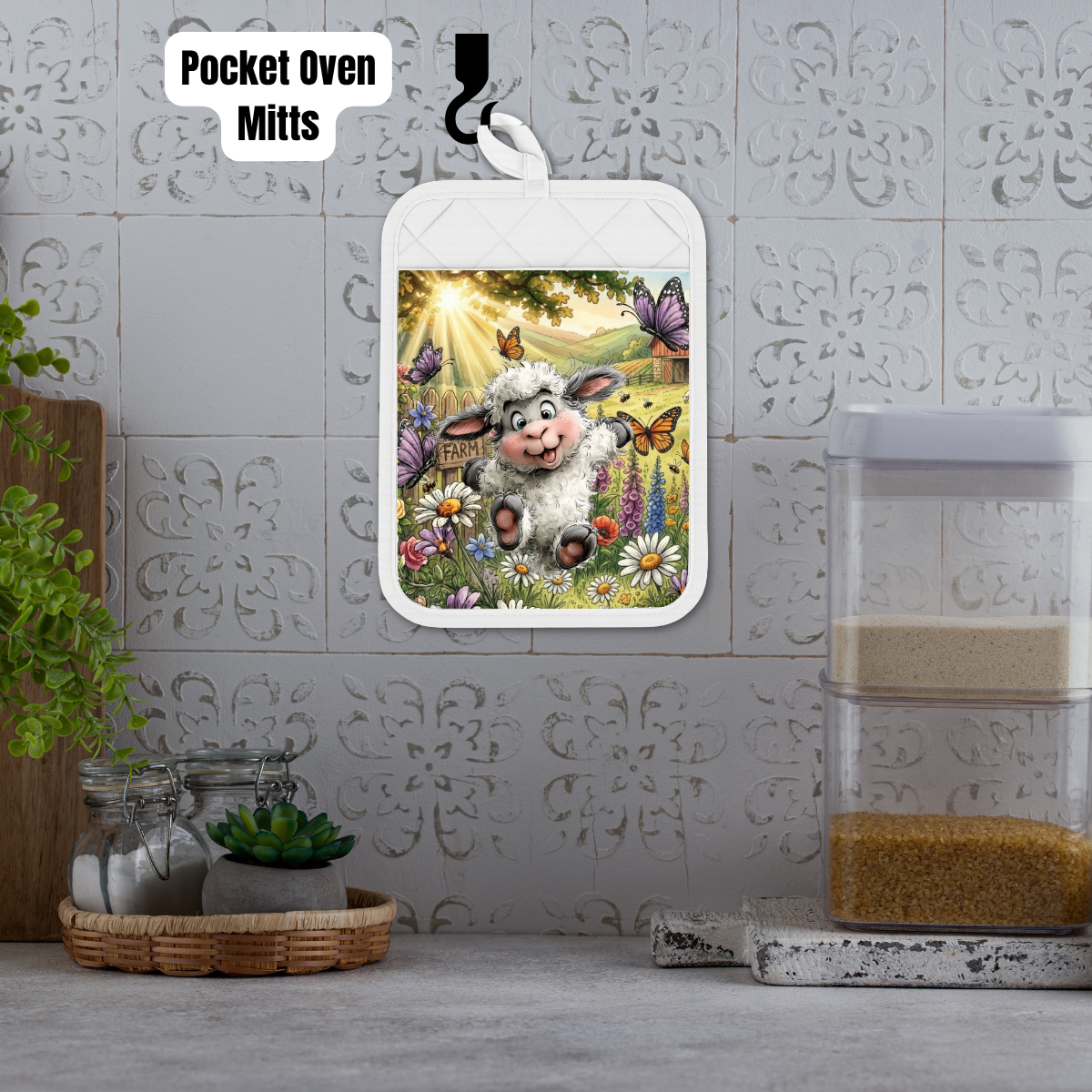 Spring Lamb Farmhouse Kitchen Gift Set – Pocket Oven Mitt with Cookie Mix + Decorative Charcuterie Board