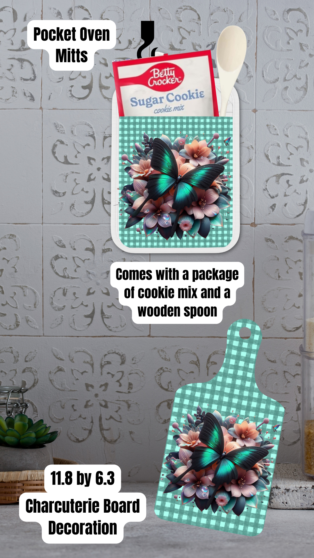 Teal Butterfly Floral Kitchen Gift Set – Charcuterie Board & Pocket Oven Mitt Set