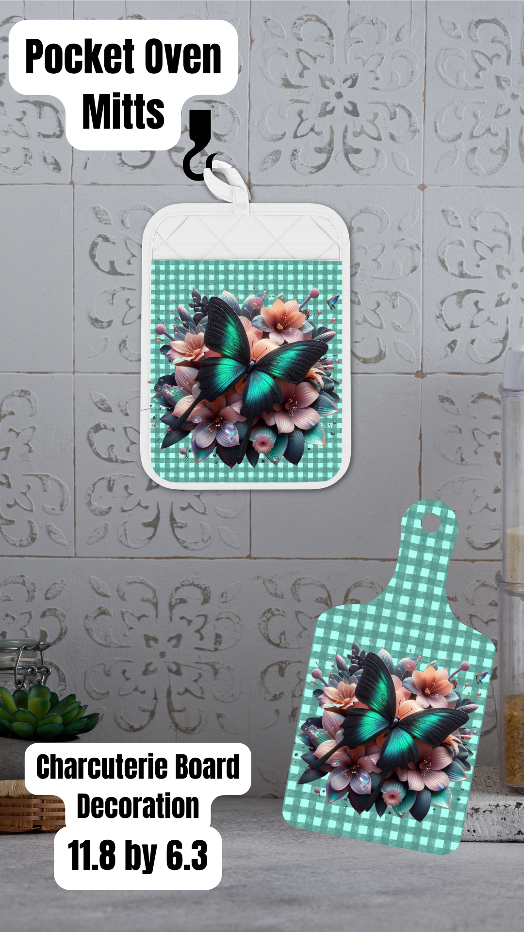 Teal Butterfly Floral Kitchen Gift Set – Charcuterie Board & Pocket Oven Mitt Set