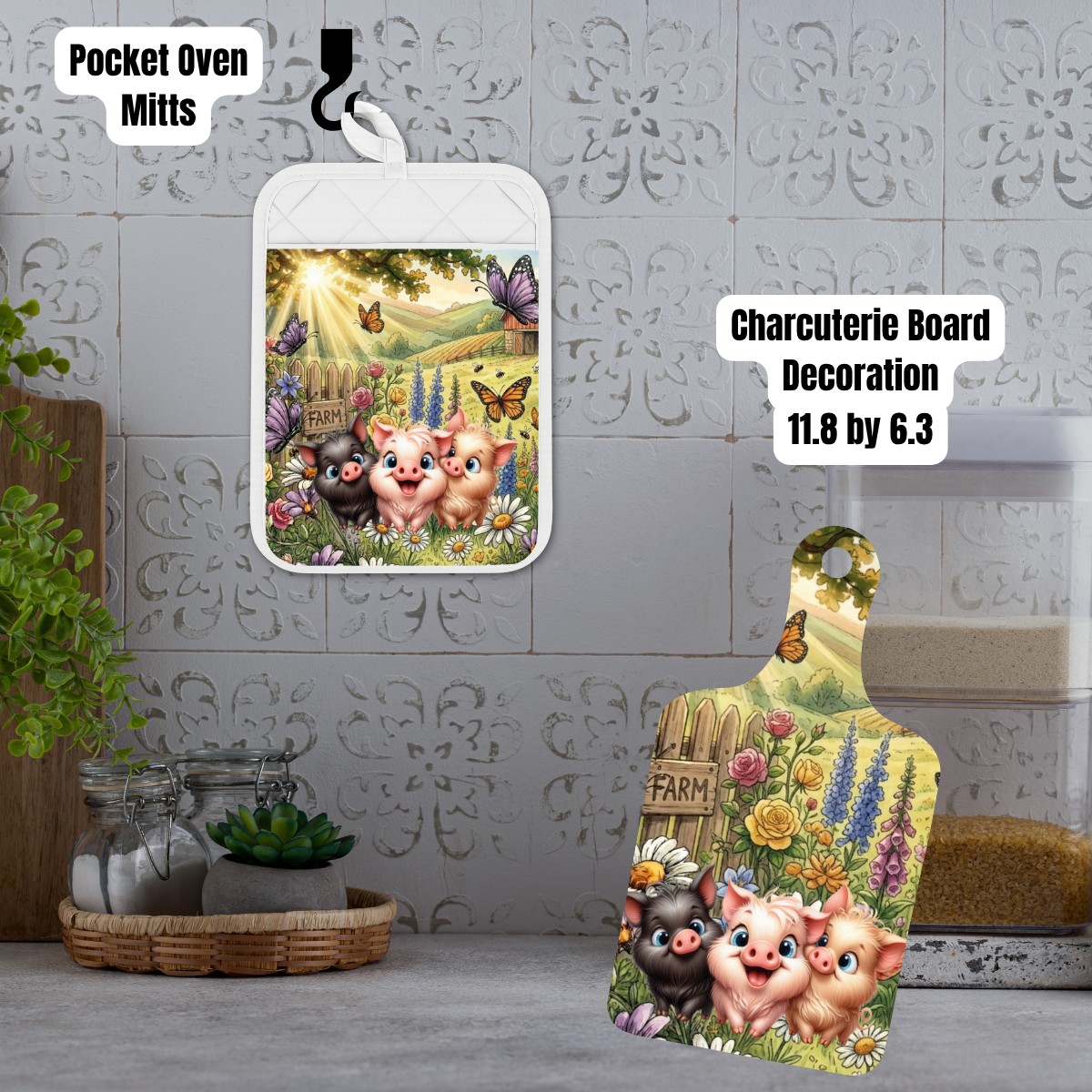 Cute Farm Piglet Kitchen Gift Set – Pocket Oven Mitt with Cookie Mix + Decorative Charcuterie Board