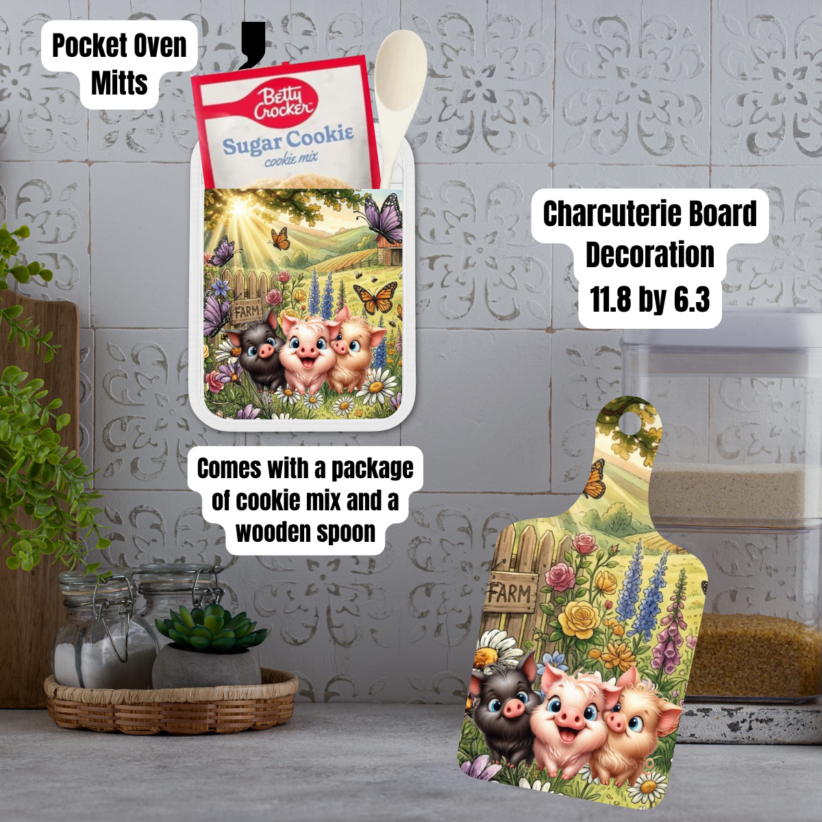 Cute Farm Piglet Kitchen Gift Set – Pocket Oven Mitt with Cookie Mix + Decorative Charcuterie Board