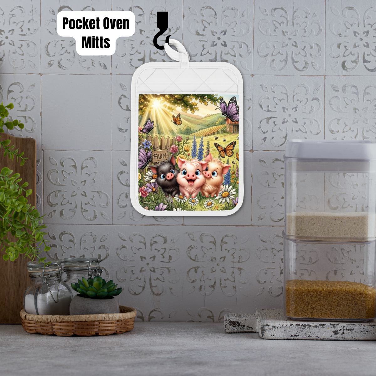 Cute Farm Piglet Kitchen Gift Set – Pocket Oven Mitt with Cookie Mix + Decorative Charcuterie Board