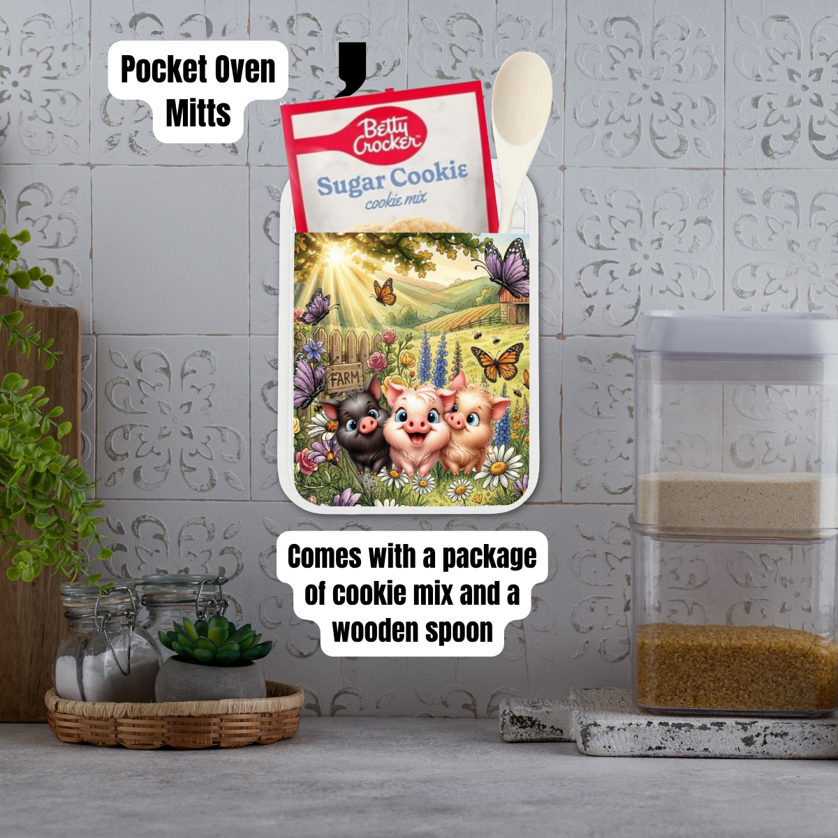 Cute Farm Piglet Kitchen Gift Set – Pocket Oven Mitt with Cookie Mix + Decorative Charcuterie Board