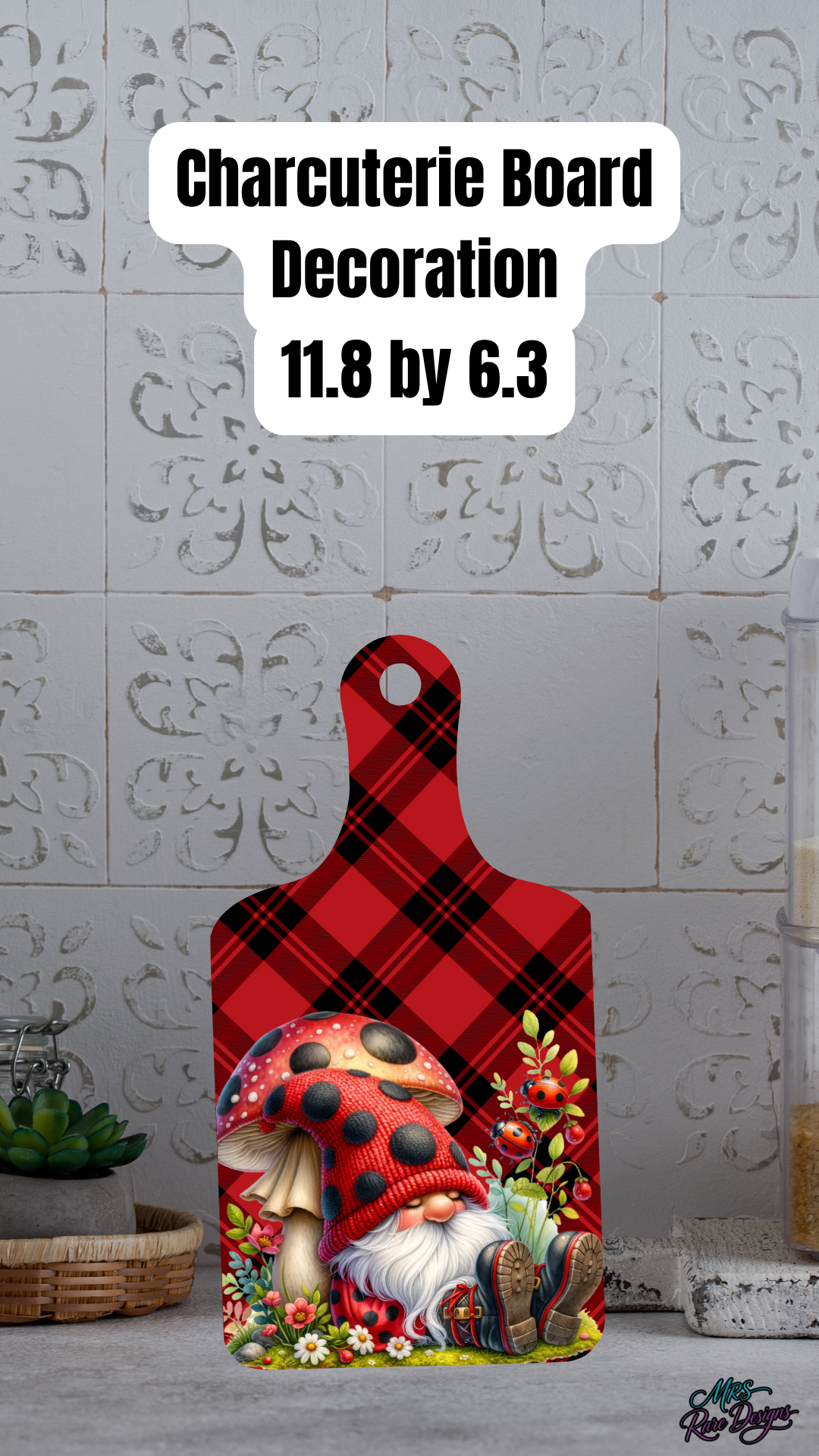 Ladybug Gnome Buffalo Plaid Charcuterie Board – Decorative Serving Board 11.8" x 6.3"