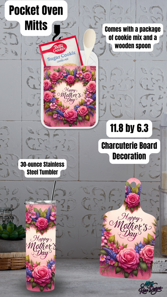 Happy Mother’s Day Floral Ultimate Gift Set – 30oz Tumbler, Oven Mitt Baking Set & Charcuterie Board