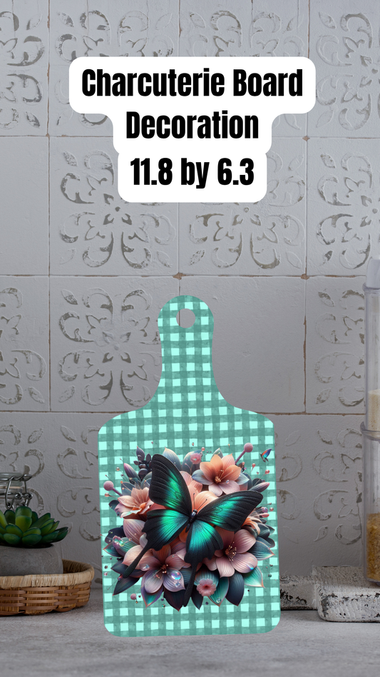 Teal Butterfly Floral Kitchen Gift Set – Charcuterie Board & Pocket Oven Mitt Set