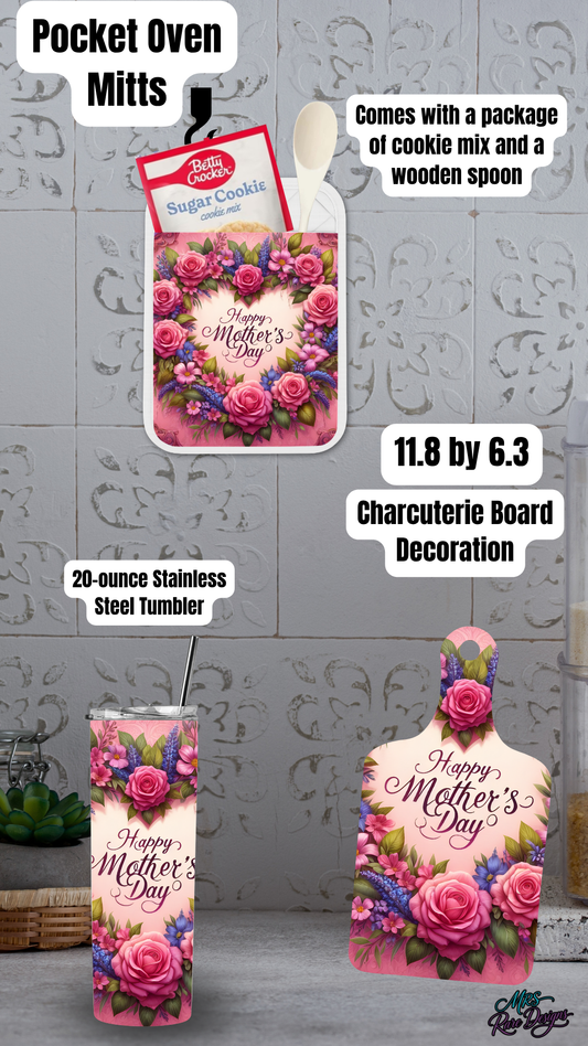 Happy Mother’s Day Floral Gift Set – 20oz Tumbler, Oven Mitt Baking Set & Charcuterie Board