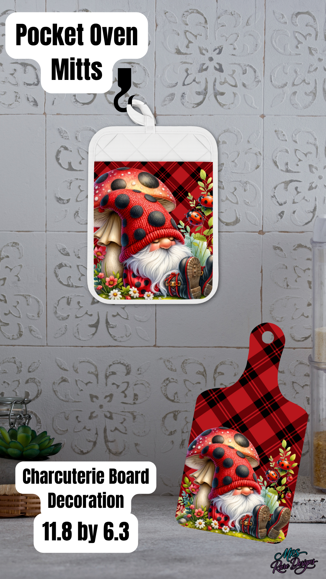 Ladybug Gnome Kitchen Gift Set – Pocket Oven Mitt, Charcuterie Board & Optional Stainless Steel Tumbler (20oz / 30oz / 40oz)