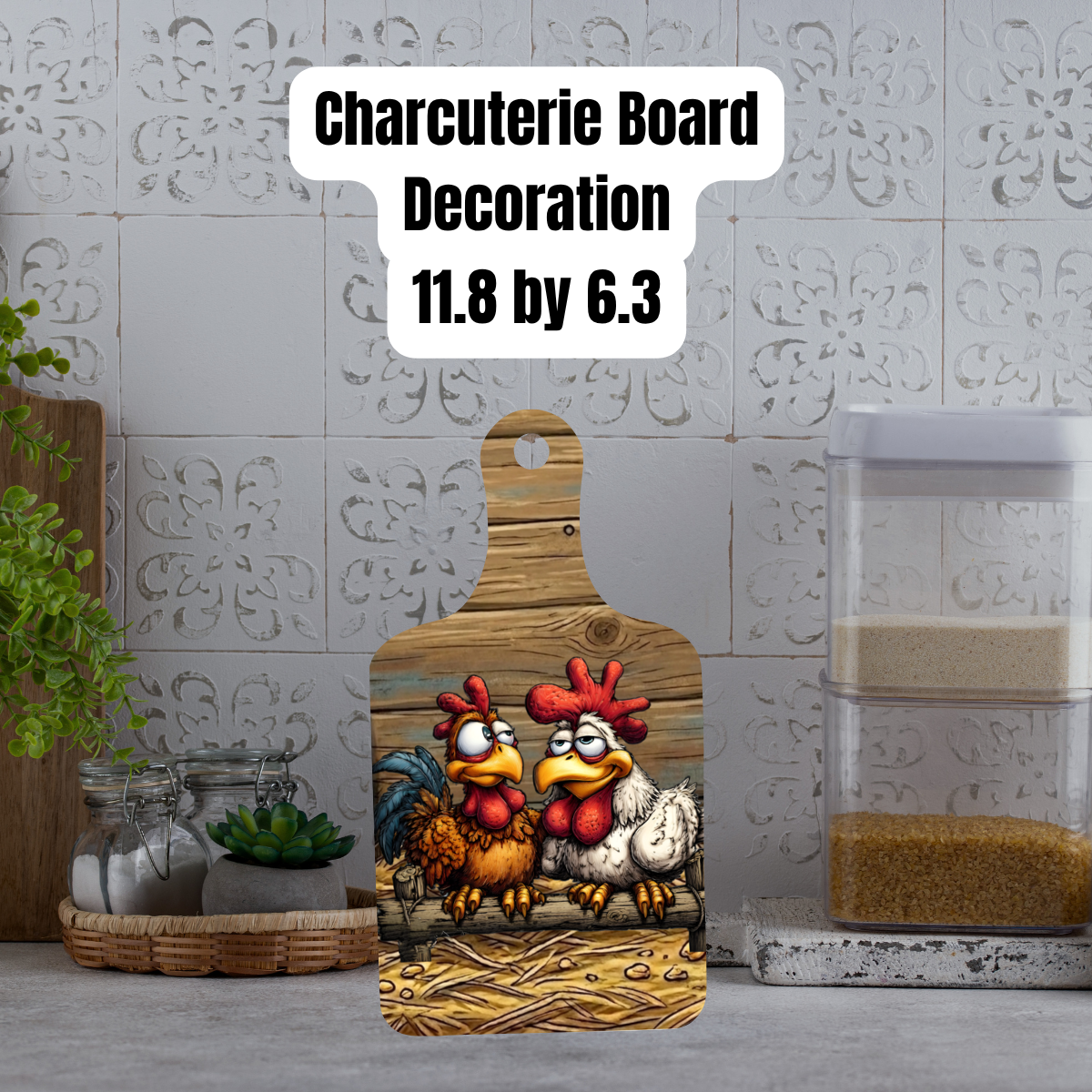 Farmhouse Rooster & Hen Kitchen Gift Set – Pocket Oven Mitt with Cookie Mix + Decorative Charcuterie Board