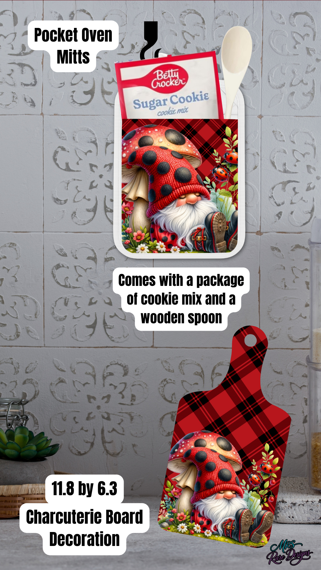 Ladybug Gnome Kitchen Gift Set – Pocket Oven Mitt, Charcuterie Board & Optional Stainless Steel Tumbler (20oz / 30oz / 40oz)