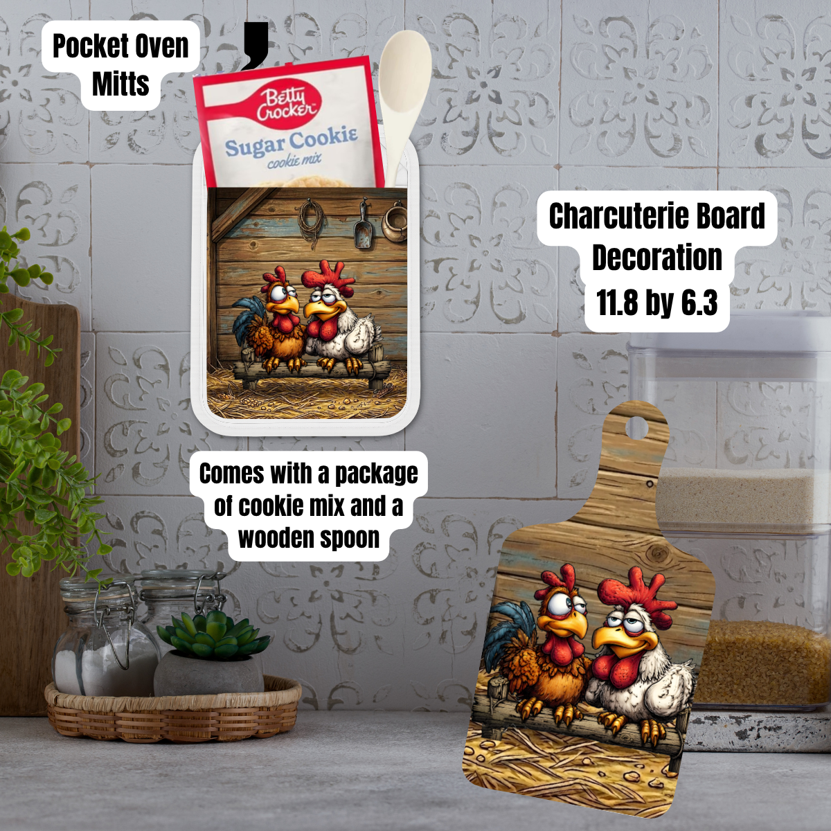 Farmhouse Rooster & Hen Kitchen Gift Set – Pocket Oven Mitt with Cookie Mix + Decorative Charcuterie Board