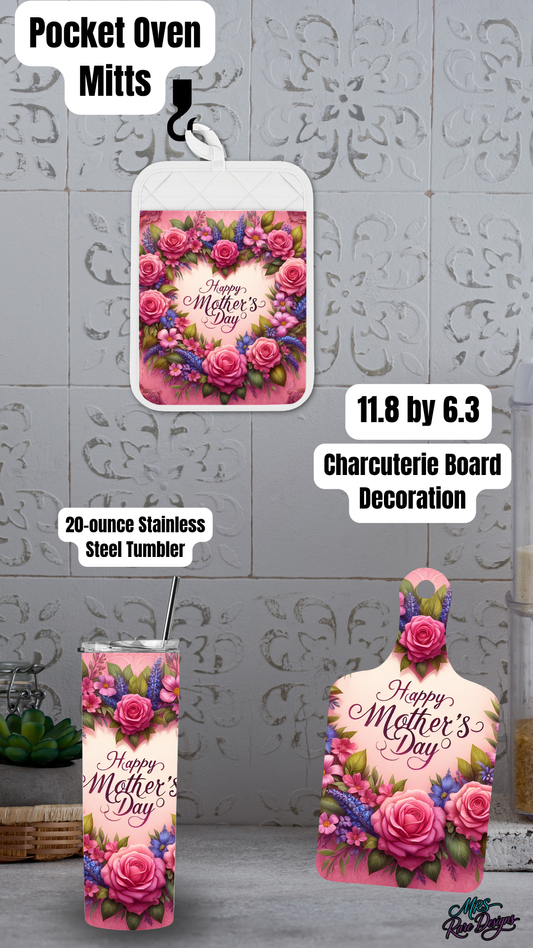 Happy Mother’s Day Floral Kitchen & Drinkware Gift Set – Tumbler, Oven Mitt & Charcuterie Board
