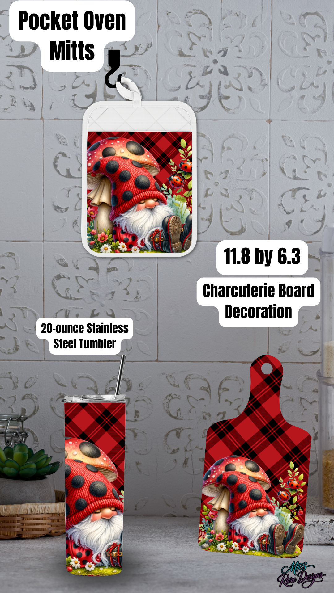 Ladybug Gnome Kitchen Gift Set – Pocket Oven Mitt, Charcuterie Board & Optional Stainless Steel Tumbler (20oz / 30oz / 40oz)