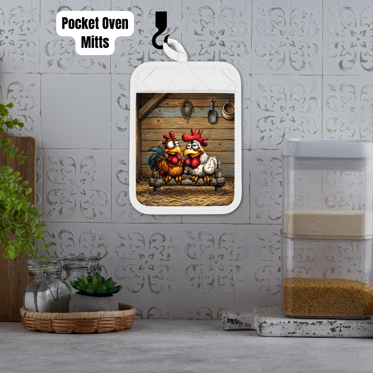 Farmhouse Rooster & Hen Kitchen Gift Set – Pocket Oven Mitt with Cookie Mix + Decorative Charcuterie Board