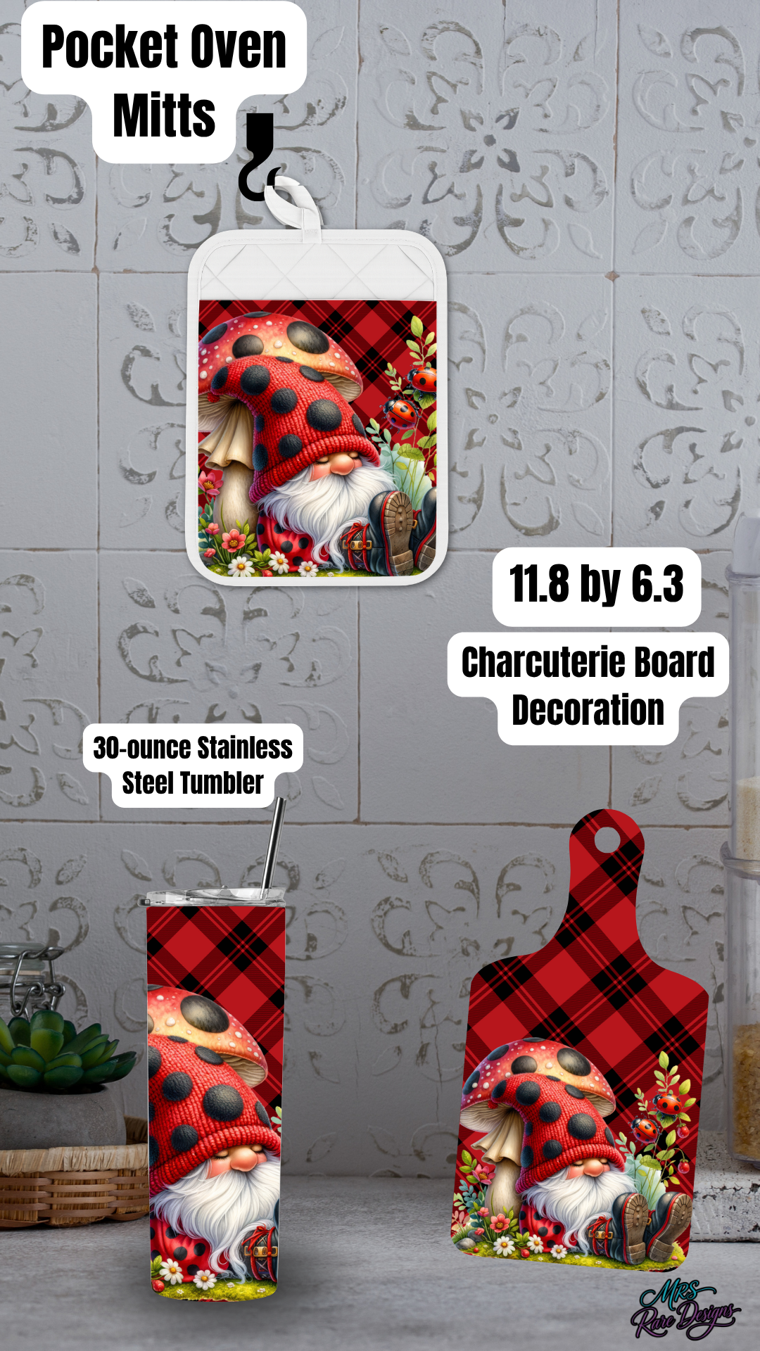 Ladybug Gnome Kitchen Gift Set – Pocket Oven Mitt, Charcuterie Board & Optional Stainless Steel Tumbler (20oz / 30oz / 40oz)
