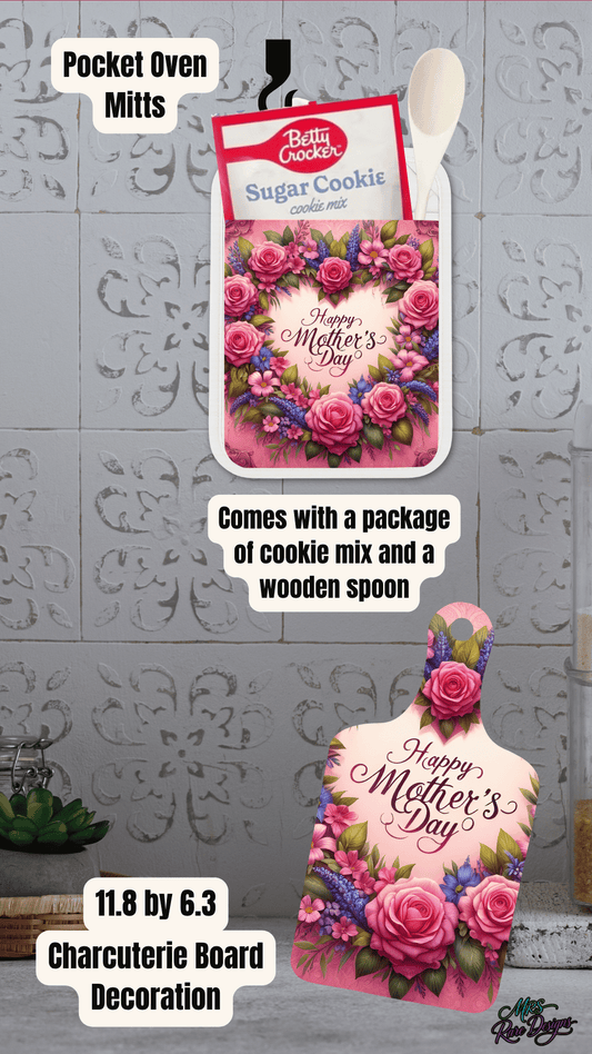 Happy Mother’s Day Floral Kitchen Gift Set – Pocket Oven Mitt Gift Set & Charcuterie Board