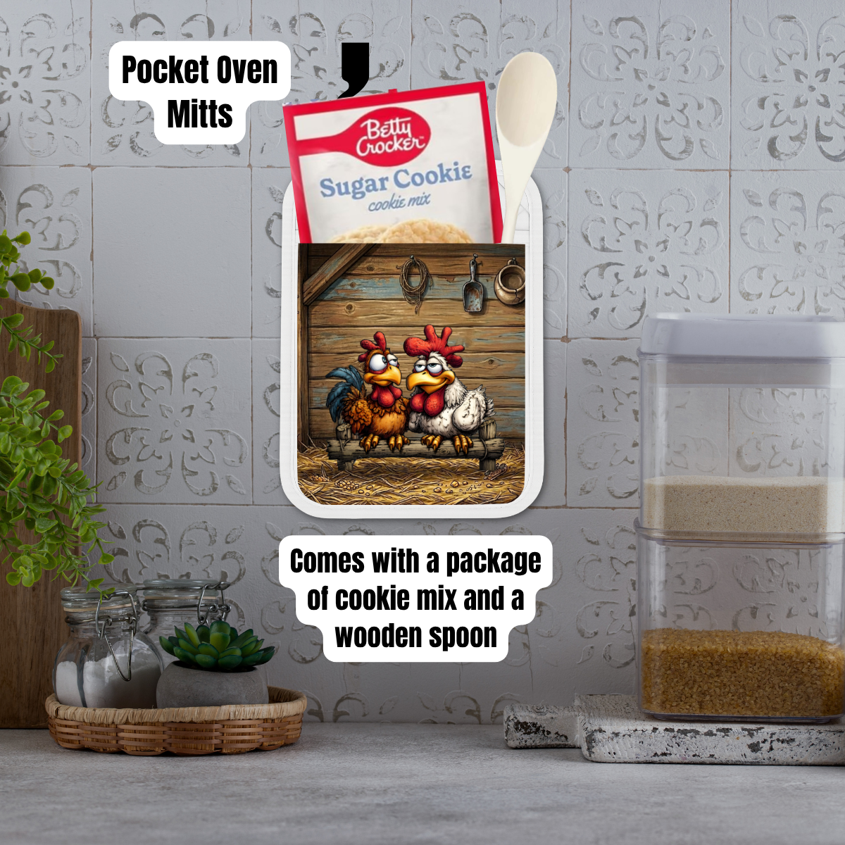 Farmhouse Rooster & Hen Kitchen Gift Set – Pocket Oven Mitt with Cookie Mix + Decorative Charcuterie Board