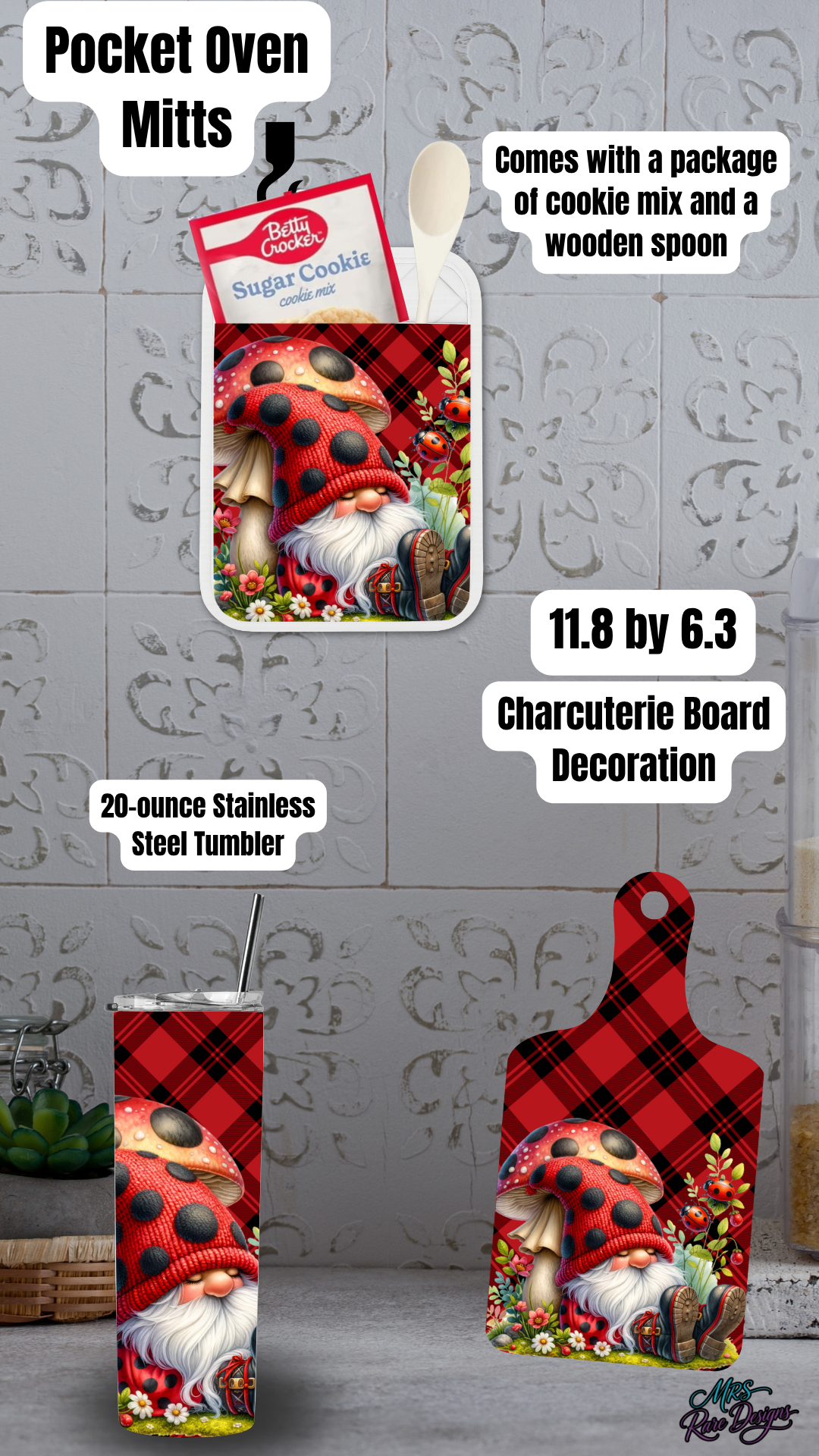 Ladybug Gnome Kitchen Gift Set – Pocket Oven Mitt, Charcuterie Board & Optional Stainless Steel Tumbler (20oz / 30oz / 40oz)