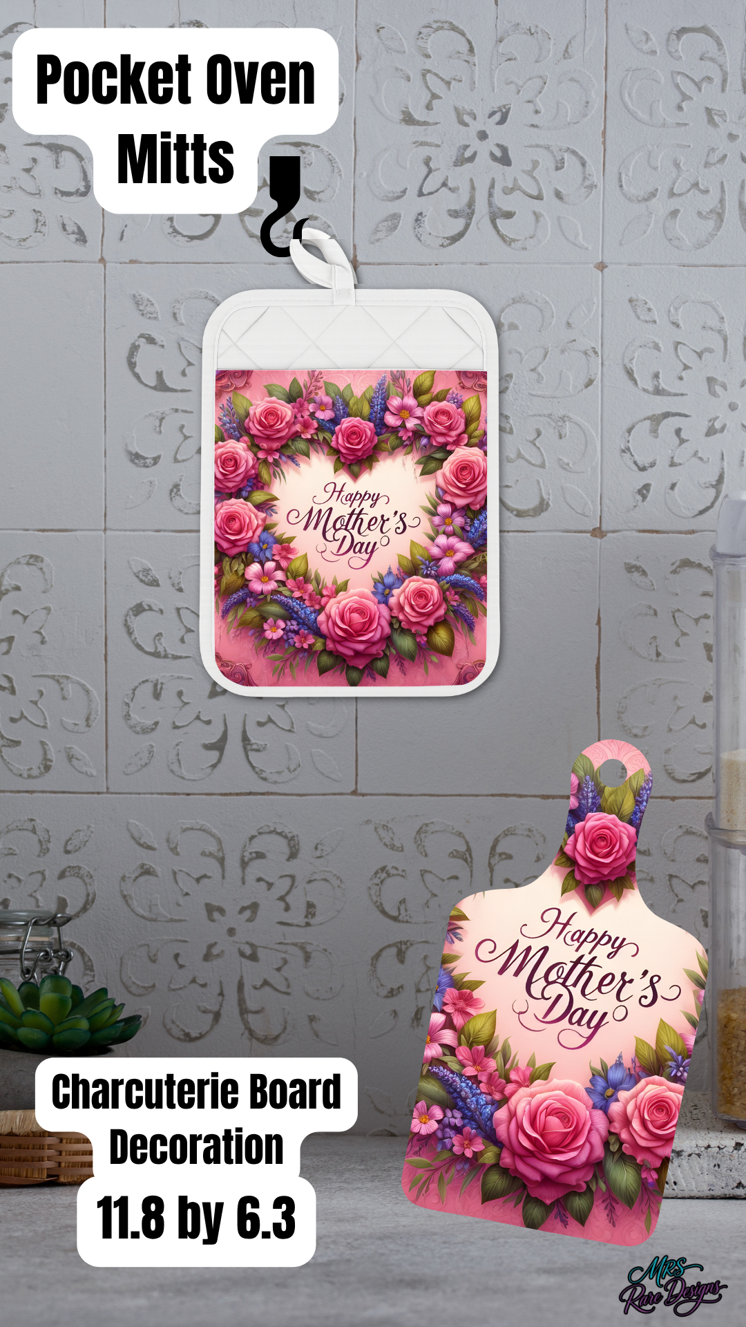 Happy Mother’s Day Floral Kitchen Gift Set – Pocket Oven Mitt & Decorative Charcuterie Board