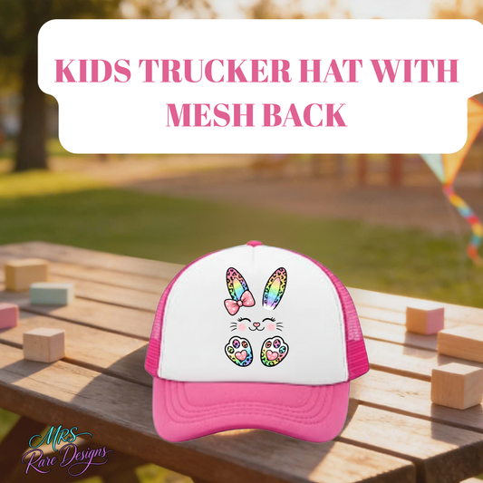 Rainbow Bunny Kids Trucker Hat – Mesh Back Snapback (Multiple Colors)
