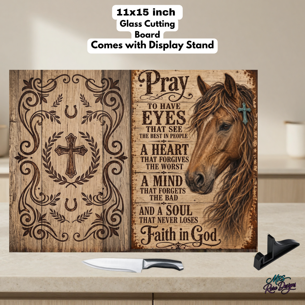 "Faith & Freedom" Western Horse & Prayer 11x15 Glass Cutting Board with Display Stand