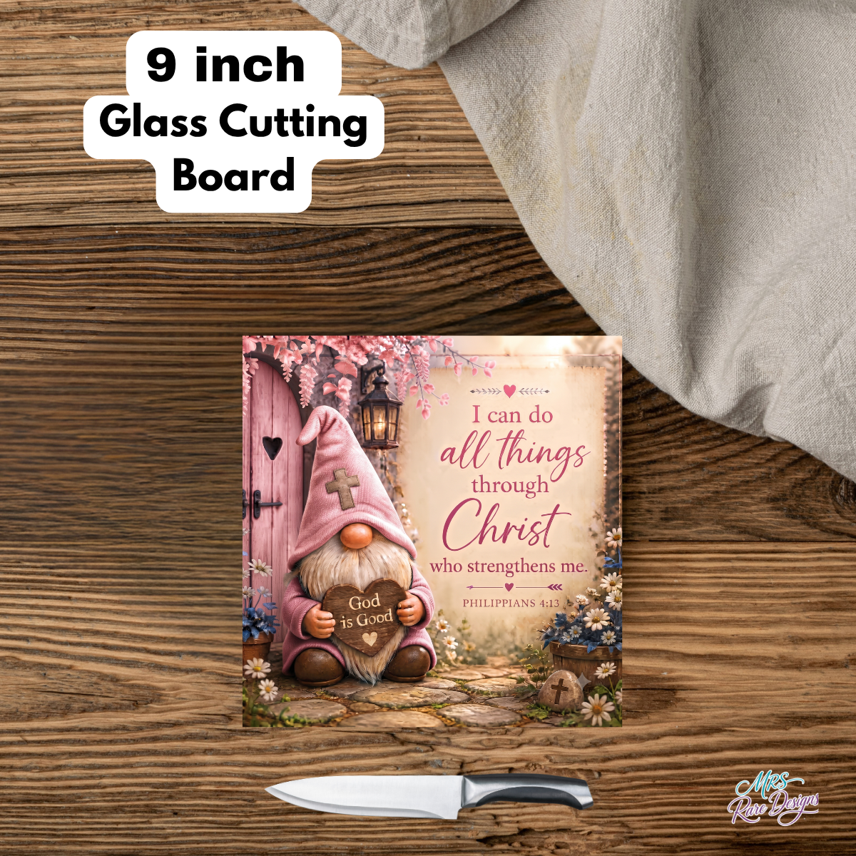 Blossoms of Faith" 9" Glass Cutting Board — Gnome & Scripture Kitchen Décor