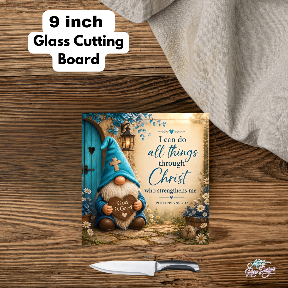 Blessed & Blue" 9" Glass Cutting Board — Gnome & Scripture Kitchen Décor