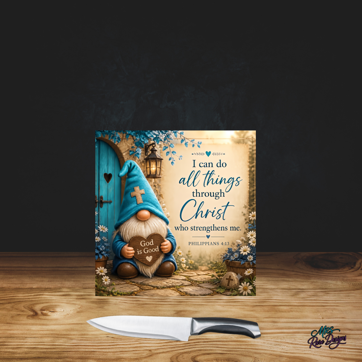 Blessed & Blue" 9" Glass Cutting Board — Gnome & Scripture Kitchen Décor