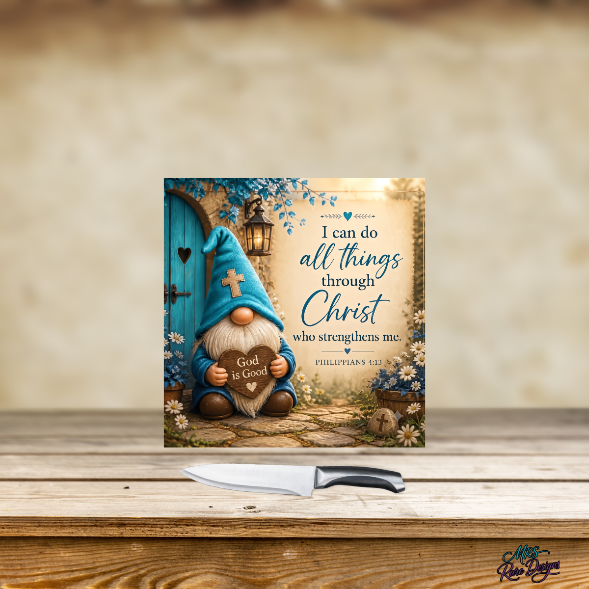 Blessed & Blue" 9" Glass Cutting Board — Gnome & Scripture Kitchen Décor