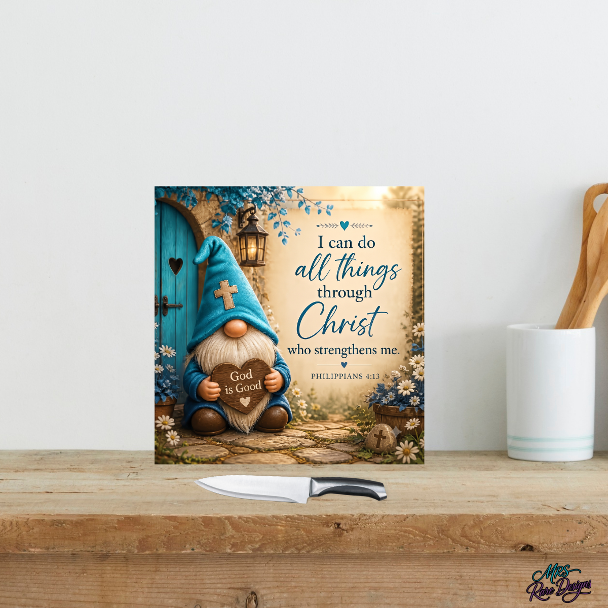 Blessed & Blue" 9" Glass Cutting Board — Gnome & Scripture Kitchen Décor