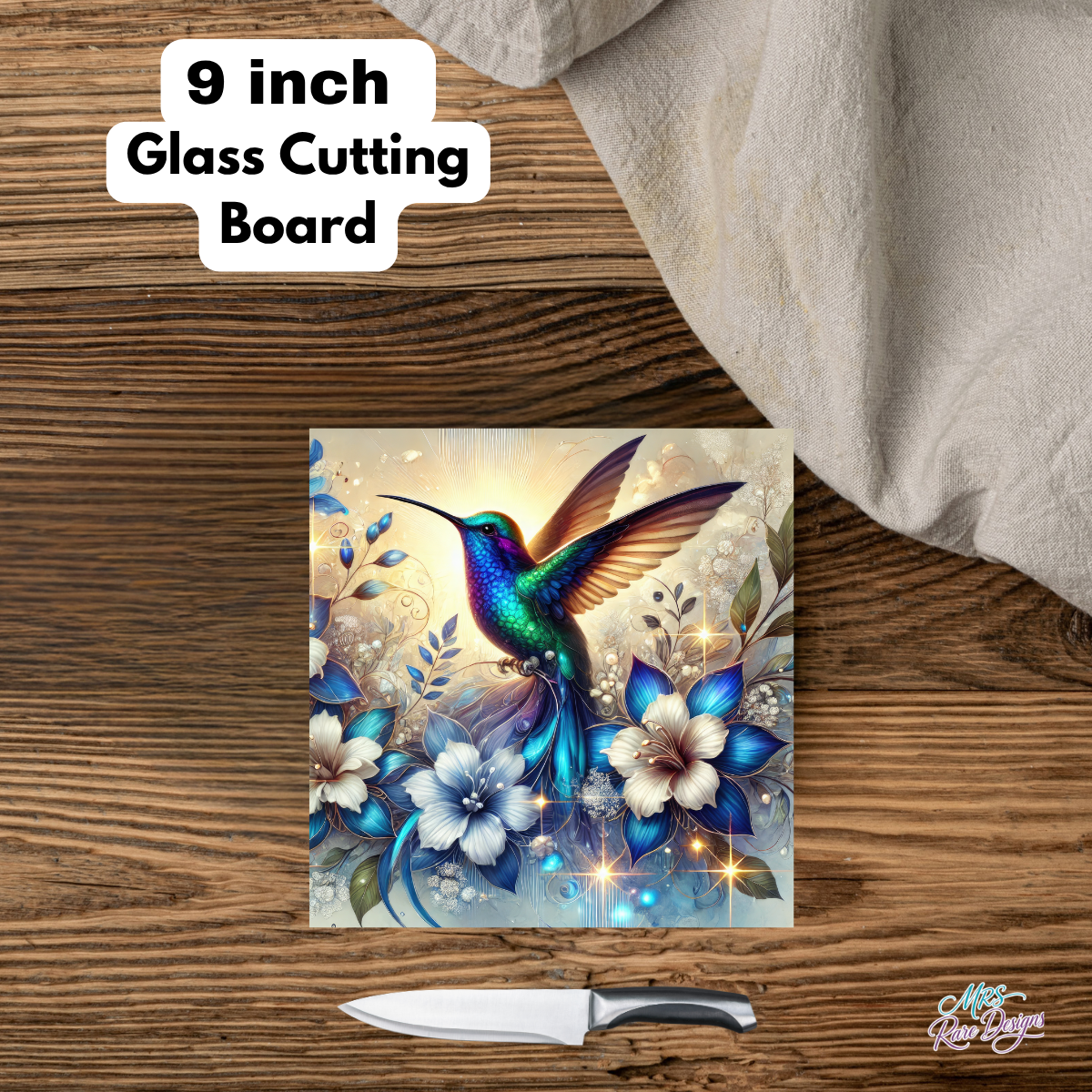 "Hummingbird's Grace" Square Glass Cutting Board
