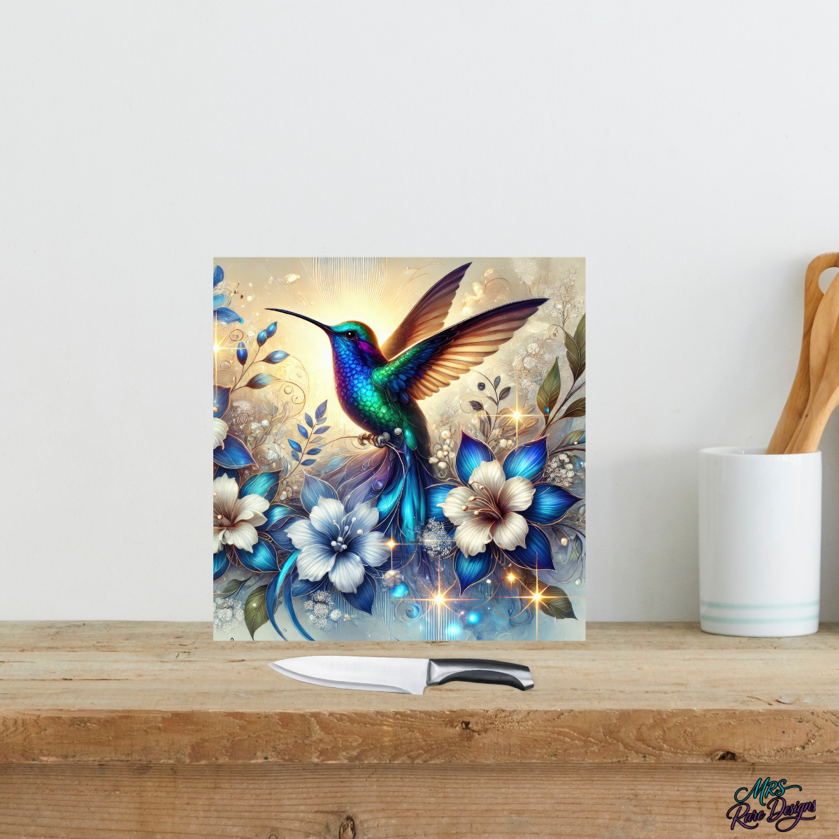"Hummingbird's Grace" Square Glass Cutting Board