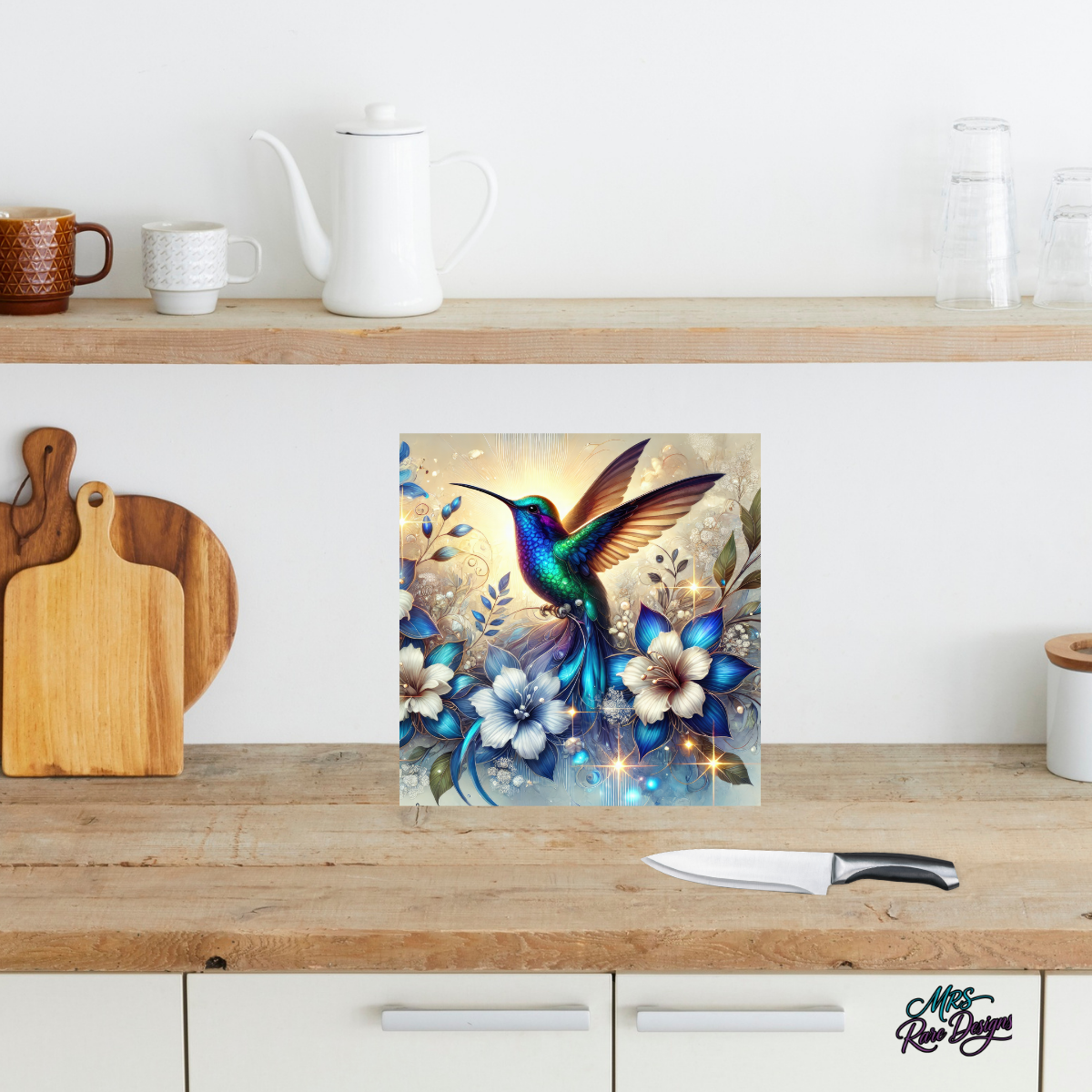 "Hummingbird's Grace" Square Glass Cutting Board