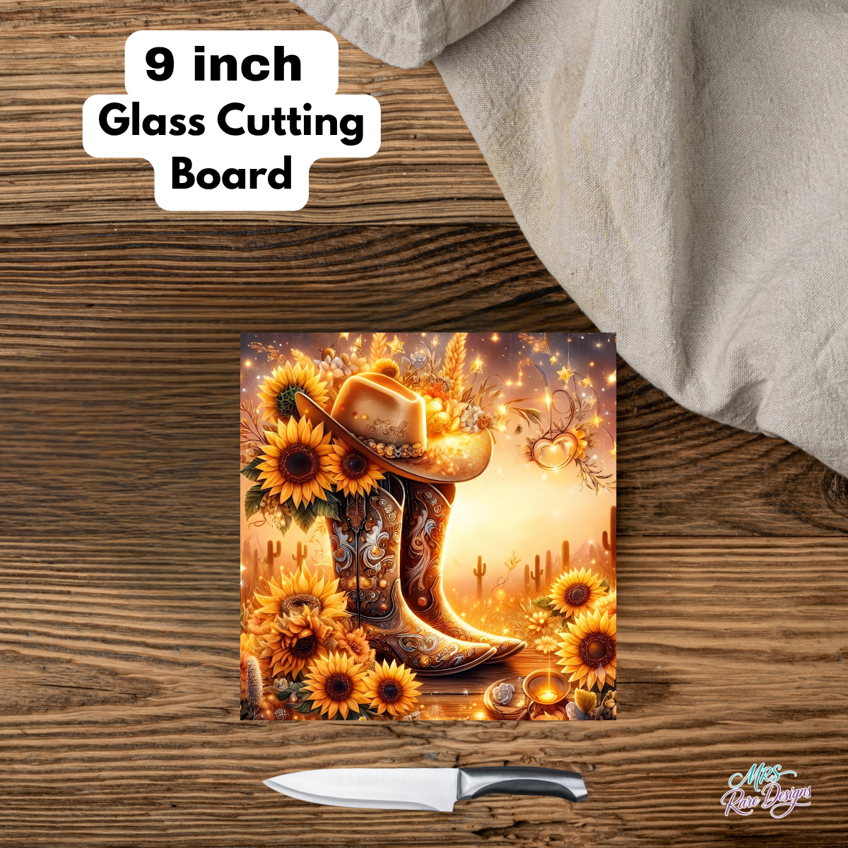 Sunflower & Spurs Glass Cutting Board