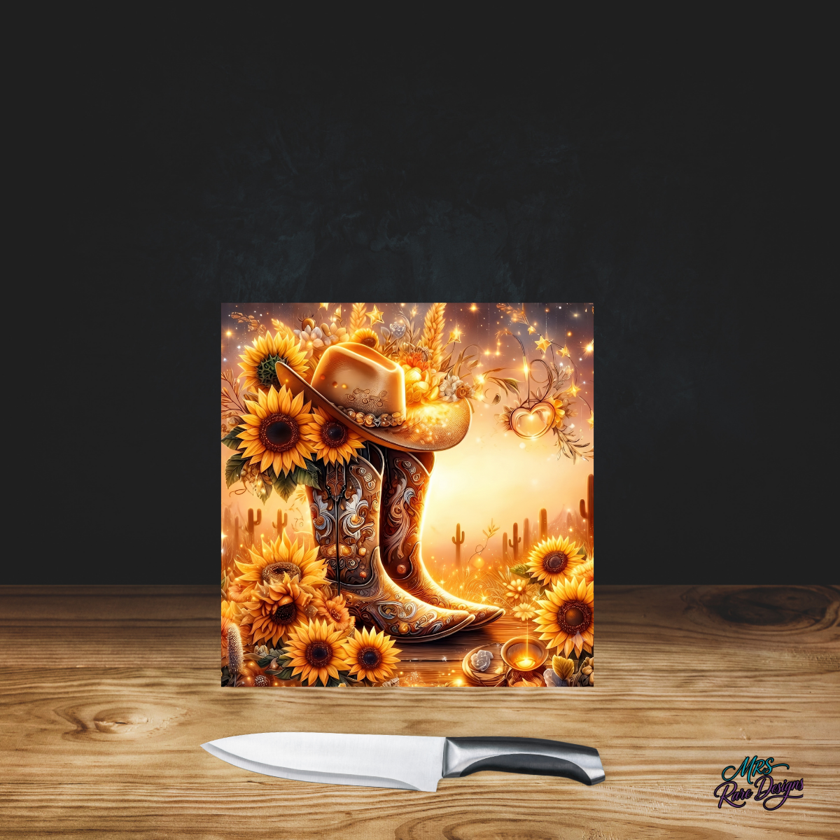 Sunflower & Spurs Glass Cutting Board